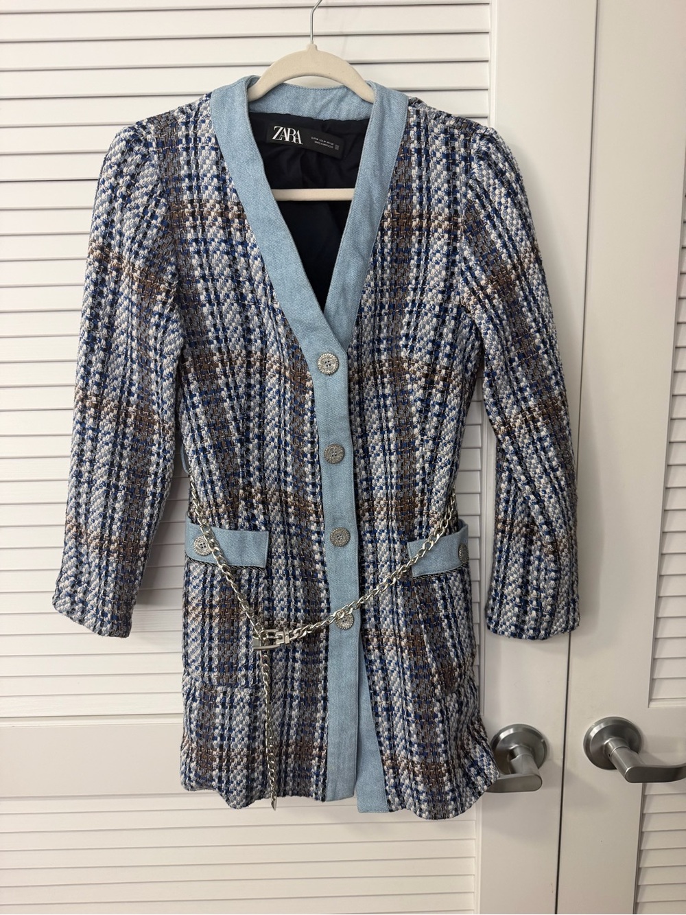 ZARA Blue and Brown Plaid Tweed Dress/Blazer with Chain Detail
